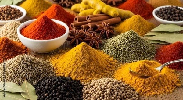 Obraz Vibrant variety of aromatic spices for culinary creations and exotic flavors, ideal for food blogs, recipe books, and healthy eating campaigns