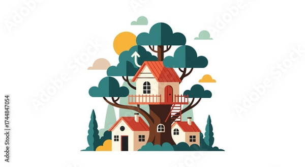 Fototapeta Whimsical treehouse illustration with charming houses and vibrant scenery.