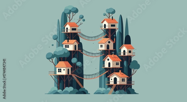 Fototapeta Whimsical Treehouse Village Connected by Bridges on Rocky Peaks.