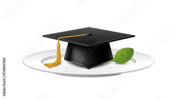 Fototapeta Black graduation cap with a golden tassel and a fresh green leaf served on a white plate, symbolizing education and nutrition.