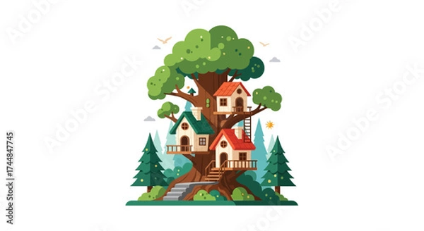 Fototapeta Whimsical Treehouse Village with Multiple Homes Nestled in a Large Tree.