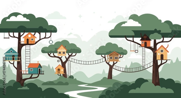 Fototapeta Whimsical Treehouse Village with Rope Bridges and Swings.