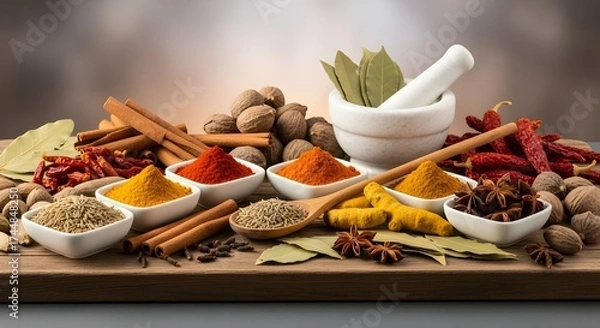 Obraz Exotic spices assortment for gourmet cooking inspiration and vibrant culinary creations on display for a food blog or cookbook recipe