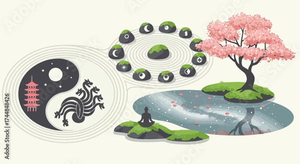 Fototapeta Zen Garden Arrangement with Yin Yang Symbol and Cherry Blossom Tree.