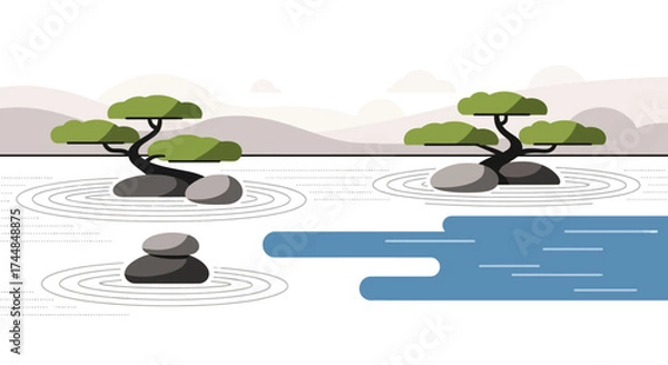 Fototapeta Zen Garden Serenity - Tranquil Stones and Bonsai Trees in Harmony.