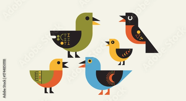 Fototapeta A collection of colorful stylized birds in a geometric folk art illustration.