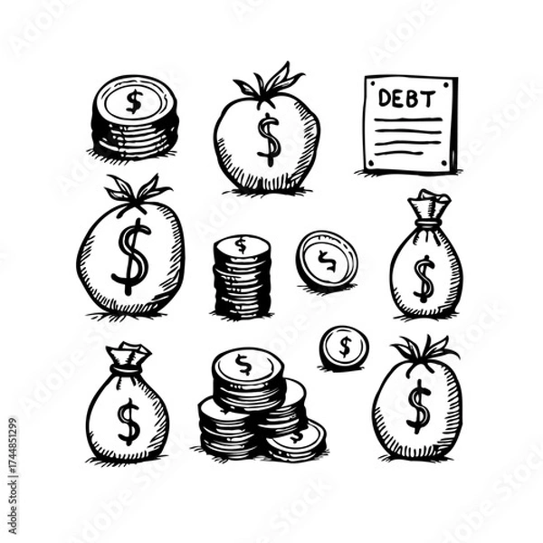 Fototapeta Stylized financial sketch portraying debts accumulation through money coins and bags conceptual