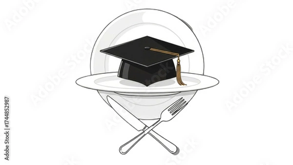 Fototapeta Graduation cap rests on a white dinner plate with crossed cutlery below, symbolizing education.