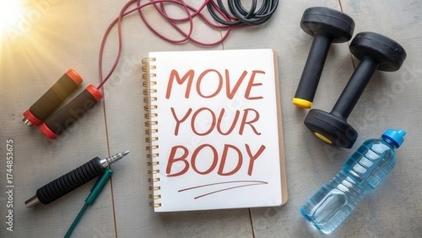 Fototapeta Motivational Fitness Layout with Dumbbells, Water Bottle, and Exercise Equipment on a Wooden Surface