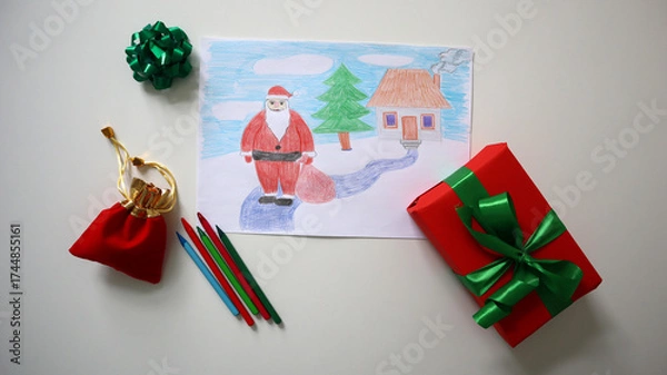Fototapeta Colorful Christmas drawing with Santa Claus, a house, and a tree surrounded by holiday gift bags, pencils, and a wrapped present, perfect for festive and holiday season designs. Childrens drawing.
