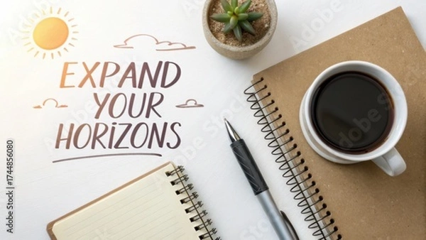 Fototapeta Motivational Desk Scene with Coffee, Notepad, Plant, and Warm Sunlight to Inspire Creativity and Productivity