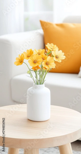 Fototapeta A vibrant flower arrangement in a white vase, sitting on a wooden table, a bright orange pillow in the background.