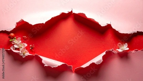 Obraz Torn pink paper revealing red center with floral and berry decorations.