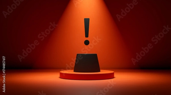 Fototapeta A striking exclamation mark on a pedestal, illuminated by a spotlight, set against a vibrant red backdrop.
