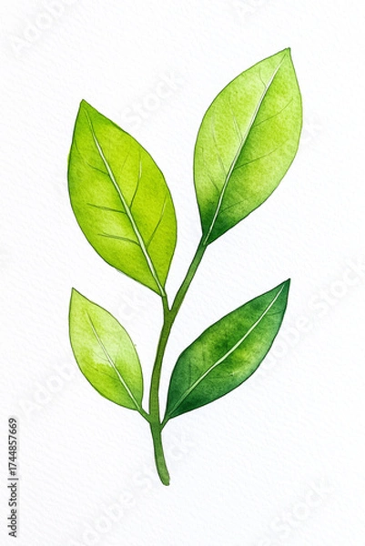 Fototapeta A detailed watercolor painting of a vibrant green plant branch. The image features four fresh leaves, rendered with intricate details and a focus on light and shadow