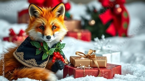Obraz A festive fox with piercing yellow eyes and soft, fluffy orange fur, wearing a luxurious miniature 3