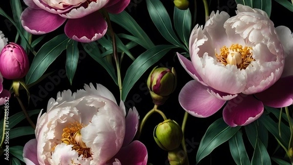 Fototapeta Botanical Dreams Painted Florals on Dark Canvas 4