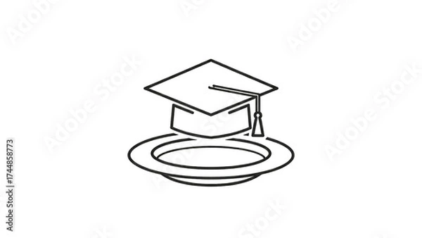Fototapeta Minimalist line art icon of a graduation cap resting on a plate, symbolizing knowledge or food for thought.