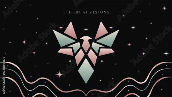Fototapeta Abstract geometric angelic figure against starry night sky with wavy lines