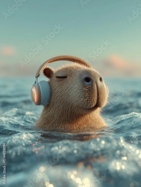 Fototapeta Cute capybara floating on ocean surface wearing headphones and relaxing to music
