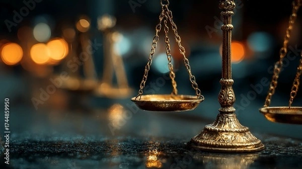 Fototapeta Elegant golden scales of justice, symbolizing fairness and legal balance, perfect for law firm branding or ethical business concepts, highly detailed