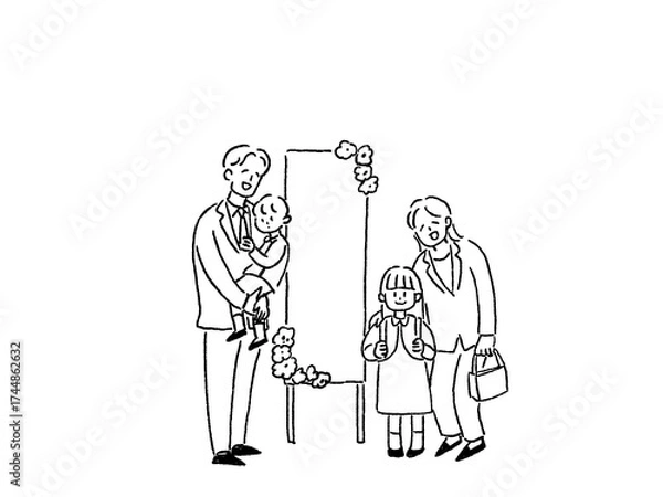 Fototapeta 入学式、卒園式、入園式、お祝い、式典で記念撮影する親子、線画、