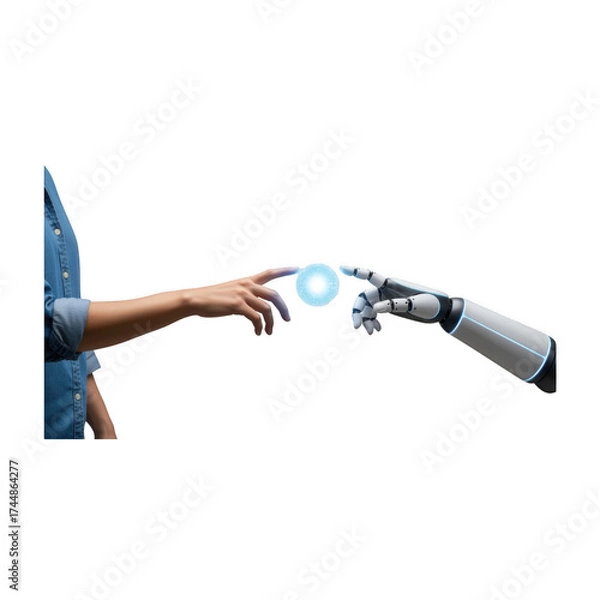 Fototapeta Human and Robot Hands Interacting with Digital Sphere on Black. AI Partnership and Future Technology Connection.