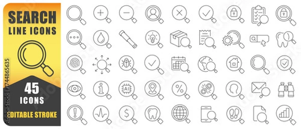 Fototapeta Search Line Icon Set. A Collection Of 45 Clean Thin Line Icons Featuring Magnifying Glass, Search Tools, Security, Data, And Information Concepts. Perfect For Apps, Websites. Isolated Vector Image.
