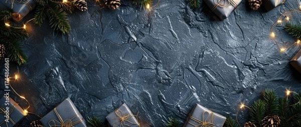 Obraz Christmas and New Year background with black stone texture, garland lights, gift boxes and pine branches border frame on dark slate table