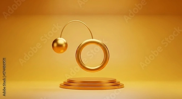 Fototapeta Elegant golden oval shape suspended above a tiered pedestal with a soft warm and luxurious golden background