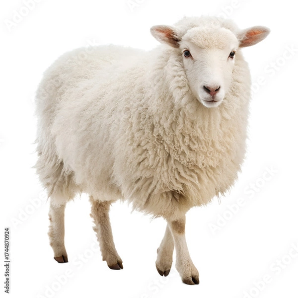 Fototapeta A fluffy white sheep with a gentle expression stands facing forward isolated on transparent background