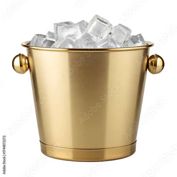 Fototapeta A gleaming polished brass ice bucket filled with clear ice cubes perfect for chilling beverages isolated on transparent background