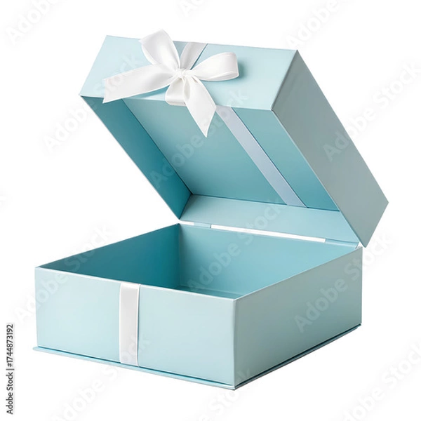 Fototapeta Elegant light blue gift box with white ribbon bow open and empty on a transparent background for surprise or celebration isolated on transparent background