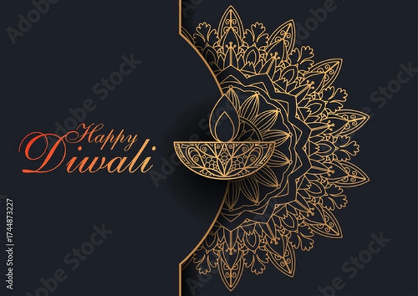 Obraz Happy Diwali Festival Background with Exquisite Golden Mandala Lantern Design, Luxury Decorative Pattern, Elegant Indian Celebration Card and Festive Home Decor Artwork