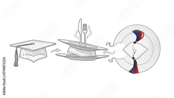 Fototapeta Graduation cap being transformed into a plate with cutlery, symbolizing the transition from education to a culinary career.
