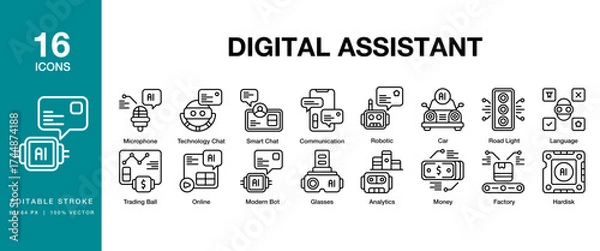 Fototapeta Digital Assistant icon set. Includes digital, technology, assistant, ai, online and More. Editable Stroke Icon Collection.