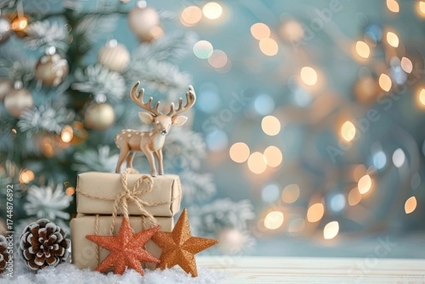 Fototapeta Christmas Reindeer Figurine, Rustic Gifts, and Star with Warm Bokeh Lights