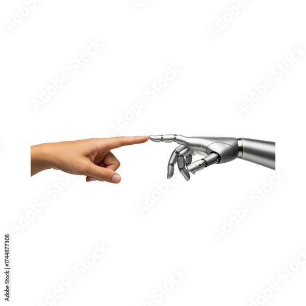 Fototapeta Human hand touching robotic hand finger to finger. Concept of AI connection digital innovation interaction between man and machine and future technology.