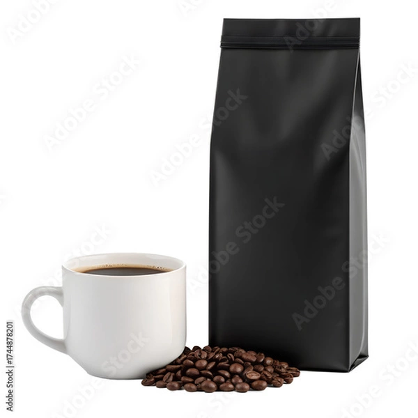 Fototapeta A white ceramic coffee cup filled with dark hot coffee next to a pile of roasted coffee beans and a black opaque bag isolated on transparent background