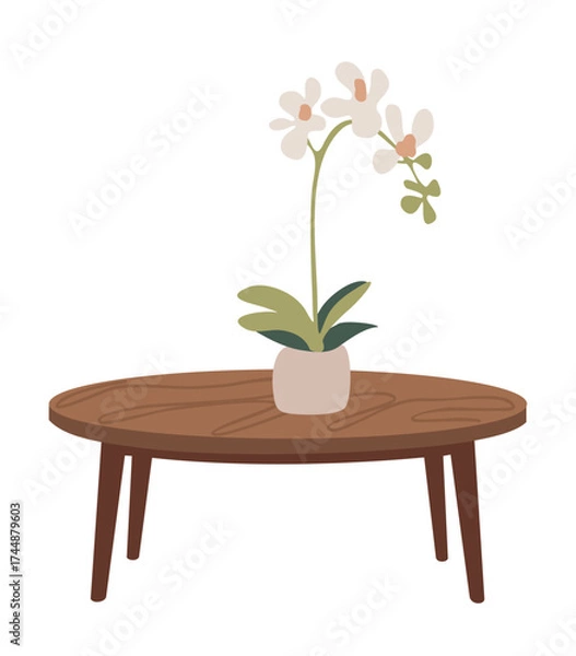Fototapeta Flat vector illustration of a wooden coffee table with a potted orchid plant, minimalist mid-century modern style, isolated on transparent background, perfect for interior design themes