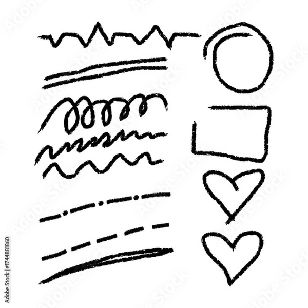 Obraz Hand drawn highlight strokes underline frames checkmarks lines icon waves brush set design