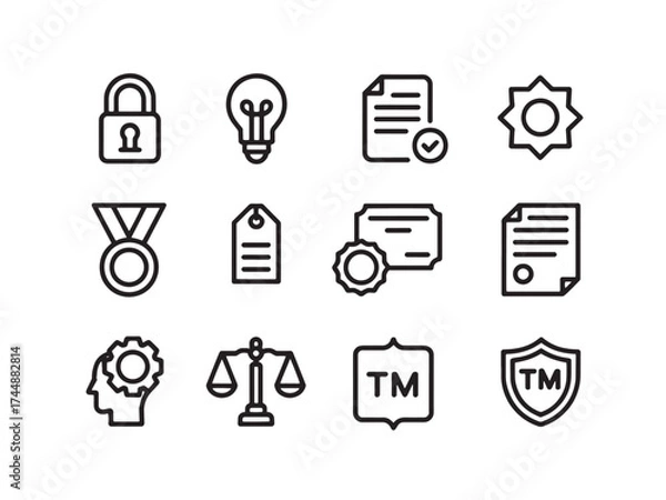 Fototapeta Intellectual property icons isolated on white background, a collection of symbols