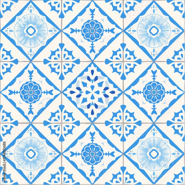 Fototapeta A seamless Greek Santorini blue tile pattern with white geometric shapes. Perfect for coastal décor, packaging, and travel-inspired branding.