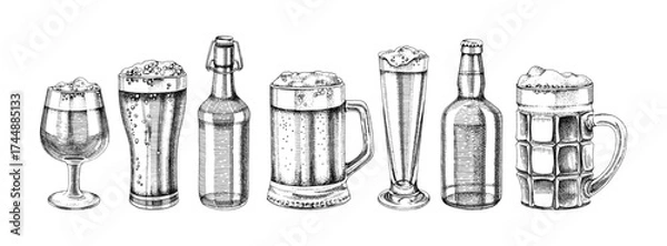 Fototapeta Beer glasses and bottles collection vector