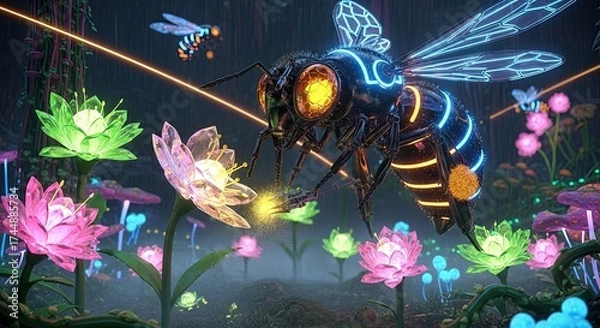 Fototapeta Cybernetic Garden with Giant Neon Bee and Luminescent Flora