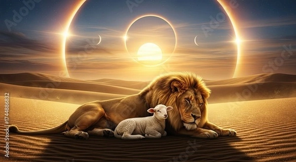 Fototapeta Lion and Lamb resting together under cosmic eclipse sun