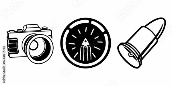 Fototapeta Illustration of a camera, an emblem with rays and a rocket, and a bullet in black and white style