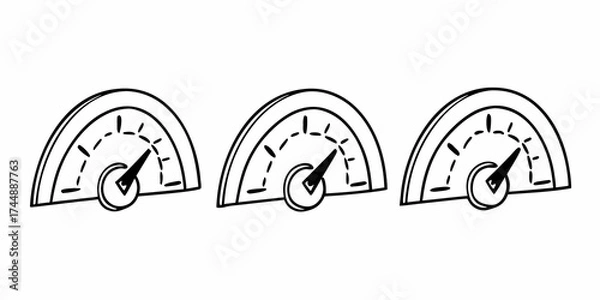 Fototapeta Three identical black and white gauges with needles pointing at different levels in a simple line drawing