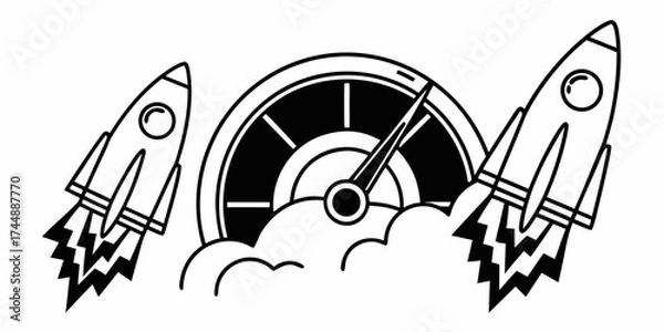 Fototapeta Illustration of two rockets launching with a speedometer in the center in black and white style