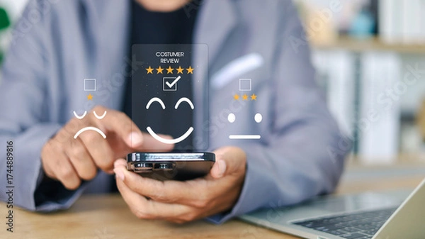 Fototapeta Businessman using smartphone to rate customer service and write online reviews with satisfaction rating and feedback system for product and service improvement in digital marketing concept.